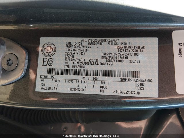 Продаж на аукціоні авто 2025 Ford Escape Active, vin: 1FMCU9GN2SUB08179, номер лоту: 12699864