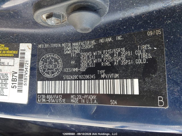 Продаж на аукціоні авто 2006 Toyota Sienna Ce 7 Passenger/ce 8 Passenger, vin: 5TDZA29C16S396345, номер лоту: 12699868