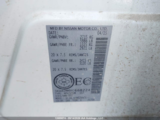 Продажа на аукционе авто 2015 Nissan Pathfinder S/sv/sl/platinum, vin: 5N1AR2MM9FC668224, номер лота: 12699874