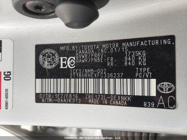 Aukcja sprzedaży 2015 Toyota Corolla Le, vin: 2T1BURHEXFC336237, numer aukcji: 12699875