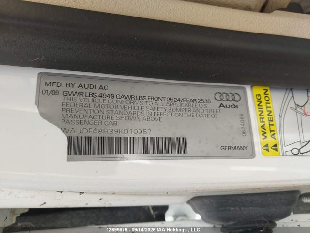 2009 Audi A4 მანქანა იყიდება აუქციონზე, vin: WAUDF48H39K010957, აუქციონის ნომერი: 12699876