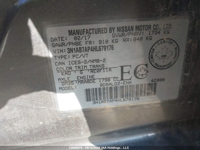 12699879 :رقم المزاد ، 3N1AB7AP4HL679176 vin ، 2017 Nissan Sentra 1.8 S/1.8 Sl/1.8 Sv مزاد بيع
