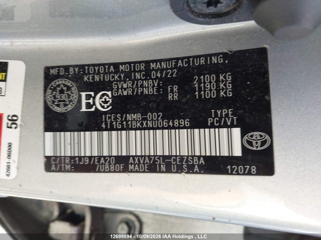 12699894 :رقم المزاد ، 4T1G11BKXNU064896 vin ، 2022 Toyota Camry Se مزاد بيع