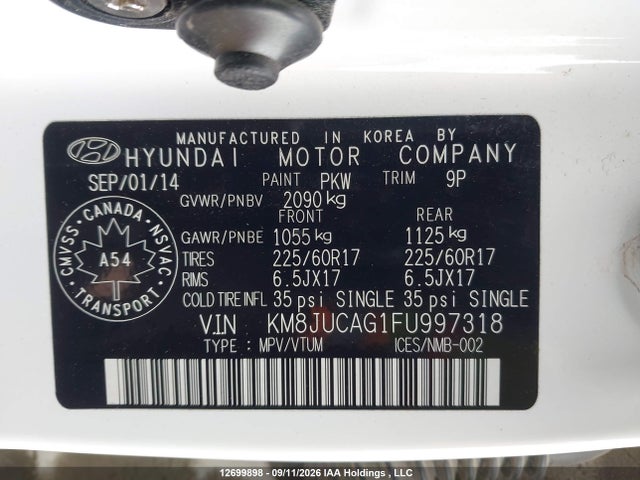 12699898 :رقم المزاد ، KM8JUCAG1FU997318 vin ، 2015 Hyundai Tucson Gls مزاد بيع