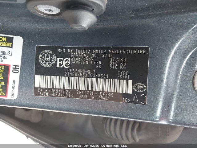 Продаж на аукціоні авто 2015 Toyota Corolla S, vin: 2T1BURHEXFC378651, номер лоту: 12699905