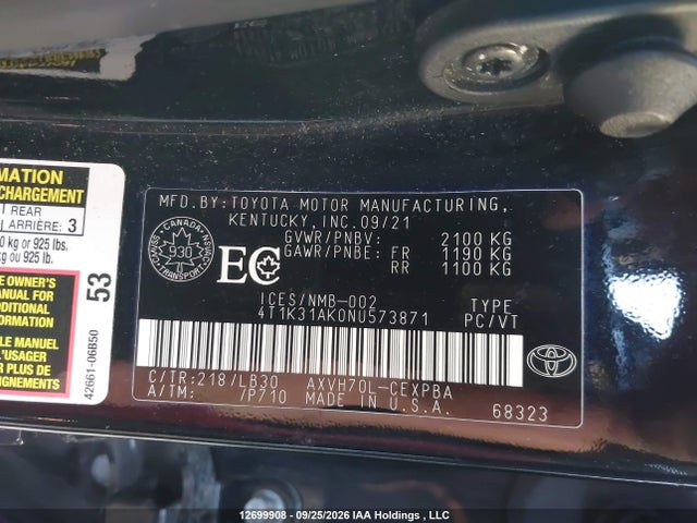 Toyota Camry 2022 4T1K31AK0NU573871 Image 9