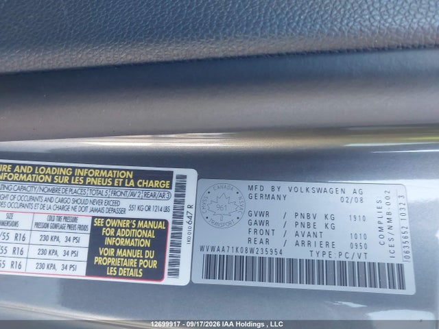 2008 Volkswagen Rabbit 3-door Trendline მანქანა იყიდება აუქციონზე, vin: WVWAA71K08W235954, აუქციონის ნომერი: 12699917