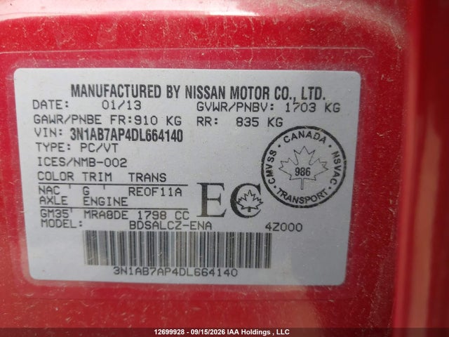 Aukcja sprzedaży 2013 Nissan Sentra, vin: 3N1AB7AP4DL664140, numer aukcji: 12699928