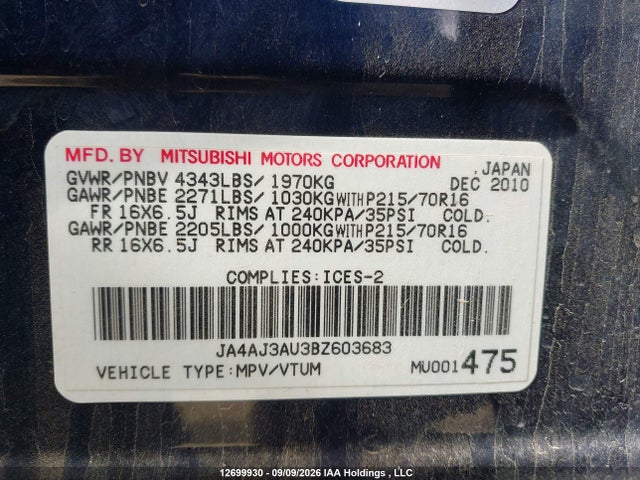 Продажа на аукционе авто 2011 Mitsubishi Rvr Se, vin: JA4AJ3AU3BZ603683, номер лота: 12699930