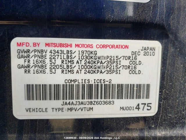 Продажа на аукционе авто 2011 Mitsubishi Rvr Se, vin: JA4AJ3AU3BZ603683, номер лота: 12699930
