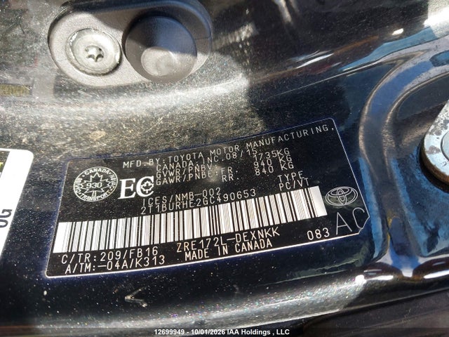 12699949 :رقم المزاد ، 2T1BURHE2GC490653 vin ، 2016 Toyota Corolla Le مزاد بيع