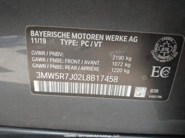 12699963 :رقم المزاد ، 3MW5R7J02L8B17458 vin ، 2020 Bmw 330xi مزاد بيع