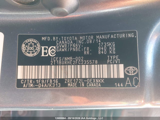 Toyota COROLLA LE 2015 2T1BURHE2FC235578 Image 9