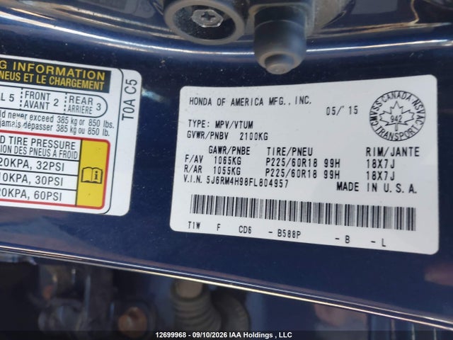 5J6RM4H98FL804957 Honda Cr-v Touring