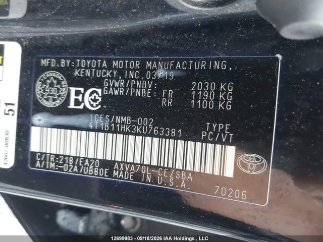 Toyota CAMRY SE 2019 4T1B11HK3KU763381 Image 9