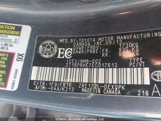 Продаж на аукціоні авто 2014 Toyota Corolla Le Eco/le Eco Upgrade, vin: 2T1BPRHE7EC017612, номер лоту: 12700014