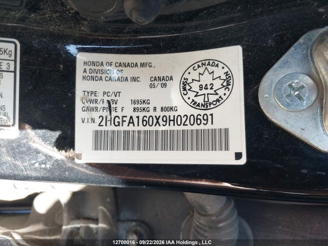 12700016 :رقم المزاد ، 2HGFA160X9H020691 vin ، 2009 Honda Civic Ex-l مزاد بيع