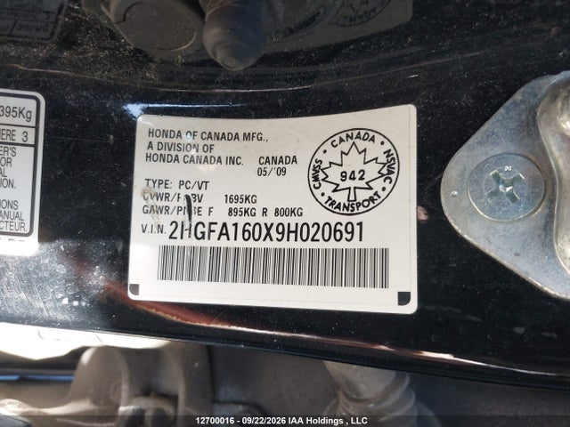12700016 :رقم المزاد ، 2HGFA160X9H020691 vin ، 2009 Honda Civic Ex-l مزاد بيع