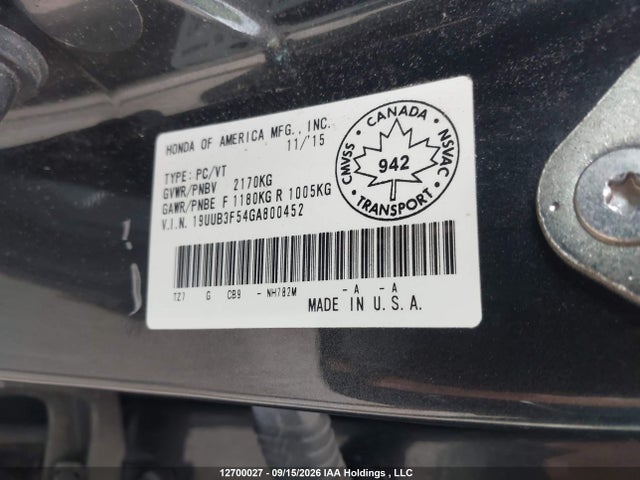 12700027 :رقم المزاد ، 19UUB3F54GA800452 vin ، 2016 Acura Tlx Tech مزاد بيع