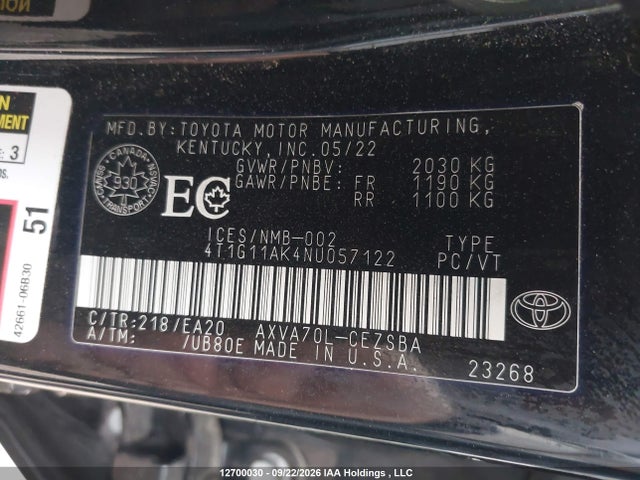 Продаж на аукціоні авто 2022 Toyota Camry Se/se Night Shade, vin: 4T1G11AK4NU057122, номер лоту: 12700030