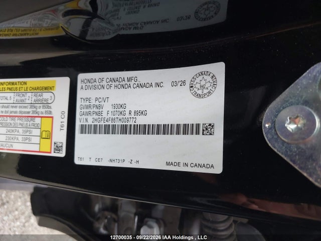 12700035 :رقم المزاد ، 2HGFE4F86TH009772 vin ، 2026 Honda Civic Sport Hybrid/sport Touring Hybrid مزاد بيع