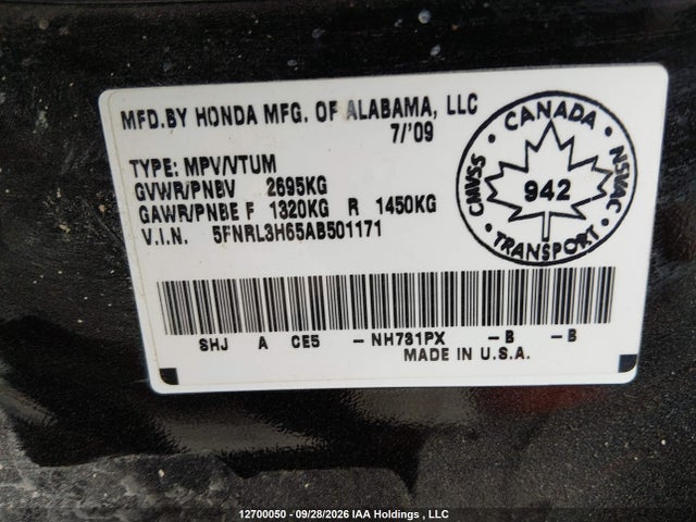 Продаж на аукціоні авто 2010 Honda Odyssey, vin: 5FNRL3H65AB501171, номер лоту: 12700050