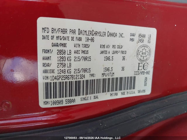 12700053 :رقم المزاد ، 1D4GP25R67B121324 vin ، 2007 Dodge Caravan Se مزاد بيع