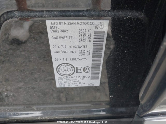 2023 Nissan Murano Midnight Edition/sl მანქანა იყიდება აუქციონზე, vin: 5N1AZ2CS8PC123892, აუქციონის ნომერი: 12700059