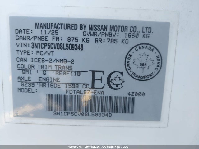 2025 Nissan Kicks Play Sv მანქანა იყიდება აუქციონზე, vin: 3N1CP5CV0SL509348, აუქციონის ნომერი: 12700075