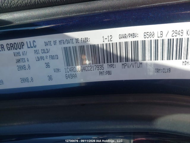 2012 Dodge Durango Crew Plus მანქანა იყიდება აუქციონზე, vin: 1C4RDJDG4CC217935, აუქციონის ნომერი: 12700076