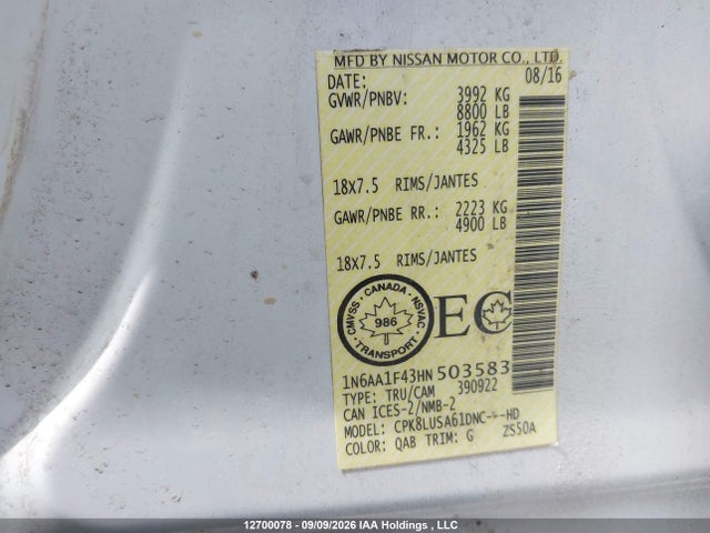 Aukcja sprzedaży 2017 Nissan Titan Xd Sl/pro-4x/plat Res/sv, vin: 1N6AA1F43HN503583, numer aukcji: 12700078