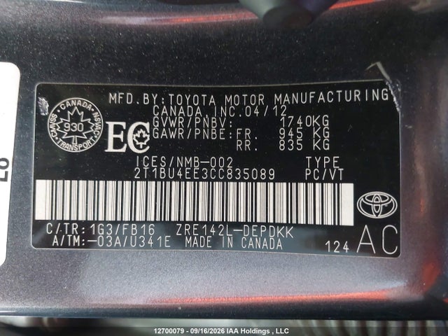 Aukcja sprzedaży 2012 Toyota Corolla Ce, vin: 2T1BU4EE3CC835089, numer aukcji: 12700079