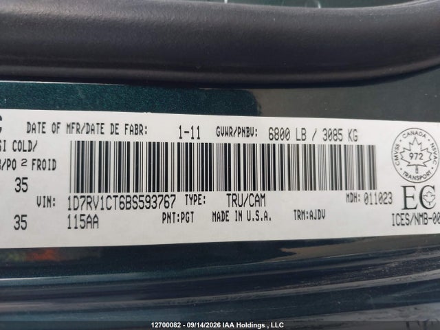 12700082 :رقم المزاد ، 1D7RV1CT6BS593767 vin ، 2011 Dodge Ram 1500 مزاد بيع