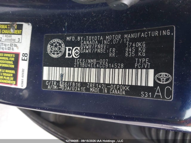 2012 Toyota Corolla Ce მანქანა იყიდება აუქციონზე, vin: 2T1BU4EE4CC914528, აუქციონის ნომერი: 12700085