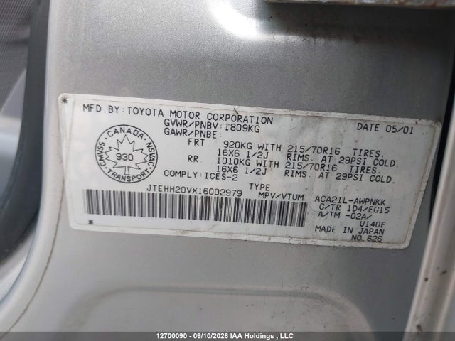 12700090 :رقم المزاد ، JTEHH20VX16002979 vin ، 2001 Toyota Rav4 مزاد بيع