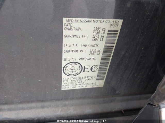 12700099 :رقم المزاد ، 5N1AZ2MH1GN157101 vin ، 2016 Nissan Murano S/sl/sv/platinum مزاد بيع