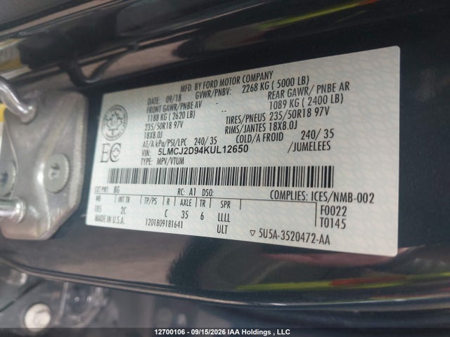 Aukcja sprzedaży 2019 Lincoln Mkc Select, vin: 5LMCJ2D94KUL12650, numer aukcji: 12700106