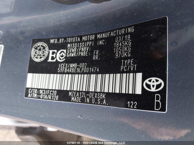12700110 :رقم المزاد ، 5YFB4RBE9LP001474 vin ، 2020 Toyota Corolla Se مزاد بيع