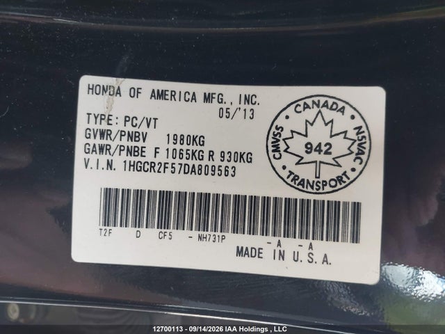 12700113 :رقم المزاد ، 1HGCR2F57DA809563 vin ، 2013 Honda Accord Sport مزاد بيع