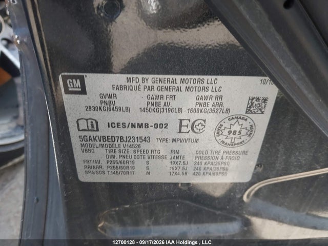 2011 Buick Enclave Cxl-1 მანქანა იყიდება აუქციონზე, vin: 5GAKVBED7BJ231543, აუქციონის ნომერი: 12700128