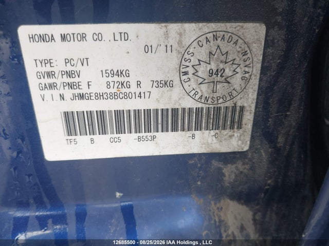 12685500 :رقم المزاد ، JHMGE8H38BC801417 vin ، 2011 Honda Fit Dx-a مزاد بيع