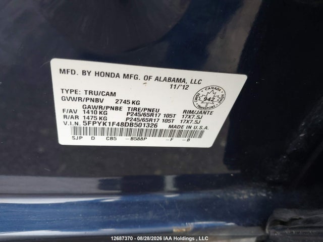 2013 Honda Ridgeline Vp მანქანა იყიდება აუქციონზე, vin: 5FPYK1F48DB501326, აუქციონის ნომერი: 12687370