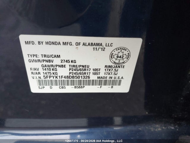 2013 Honda Ridgeline Vp მანქანა იყიდება აუქციონზე, vin: 5FPYK1F48DB501326, აუქციონის ნომერი: 12687370