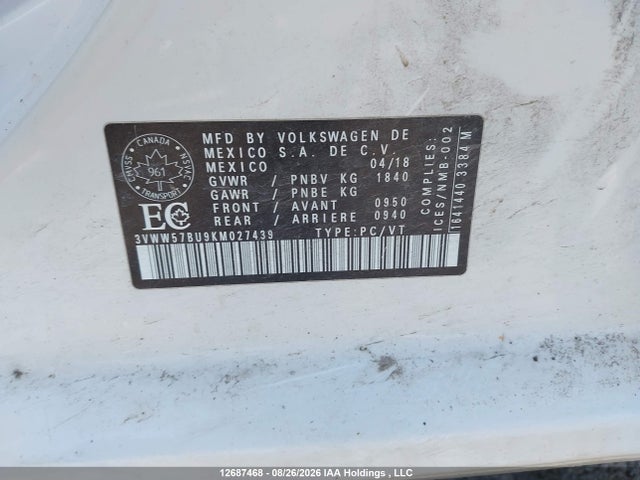Продаж на аукціоні авто 2019 Volkswagen Jetta 1.4 Tsi Highline, vin: 3VWW57BU9KM027439, номер лоту: 12687468