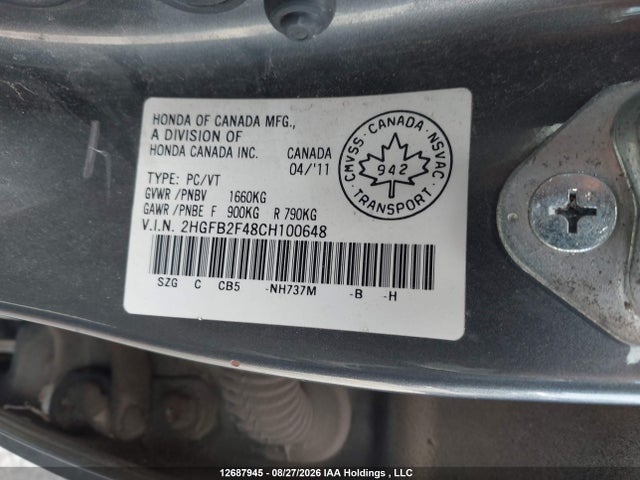 2012 Honda Civic Lx მანქანა იყიდება აუქციონზე, vin: 2HGFB2F48CH100648, აუქციონის ნომერი: 12687945