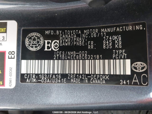 12689109 :رقم المزاد ، 2T1BU4EE8BC632181 vin ، 2011 Toyota Corolla Ce مزاد بيع