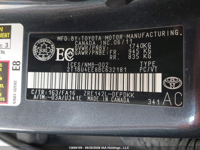 12689109 :رقم المزاد ، 2T1BU4EE8BC632181 vin ، 2011 Toyota Corolla Ce مزاد بيع
