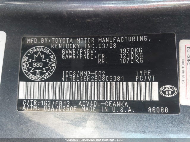 12690030 :رقم المزاد ، 4T1BE46K29U805381 vin ، 2009 Toyota Camry Le مزاد بيع