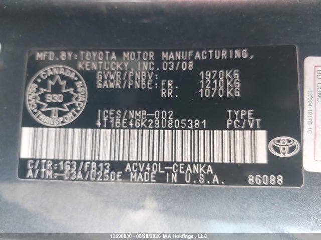 12690030 :رقم المزاد ، 4T1BE46K29U805381 vin ، 2009 Toyota Camry Le مزاد بيع