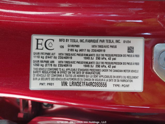 12700150 :رقم المزاد ، LRW3E7FA4RC093556 vin ، 2024 Tesla Model 3 Rwd مزاد بيع